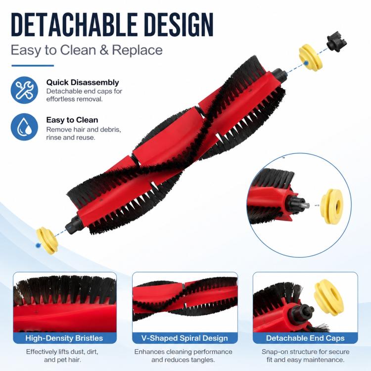 Replacement detachable main roller brush with red roller and black bristles, snap-on caps