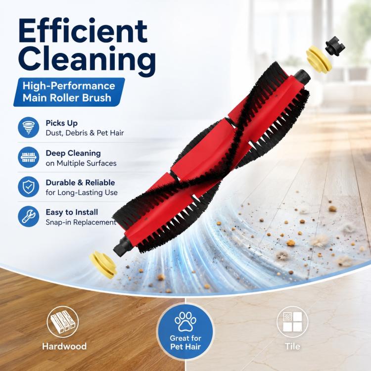 Replacement main roller brush with red and black bristles, including two yellow end pieces
