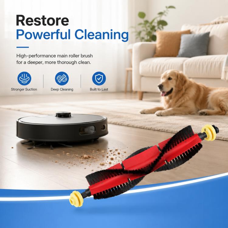 Replacement main roller brush with red core and black bristle roller, with yellow end caps