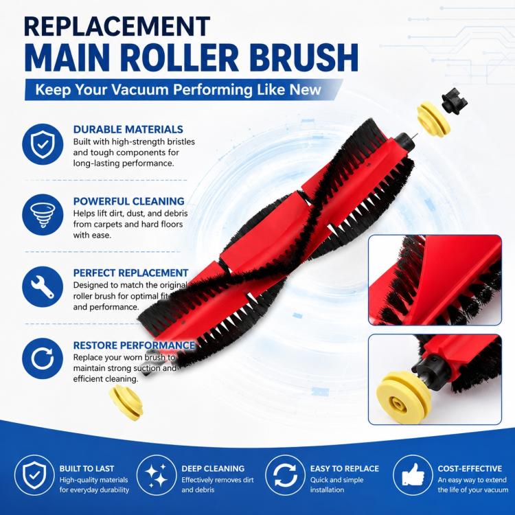 Replacement main roller brush with red brush cover and black bristles, included mounting parts