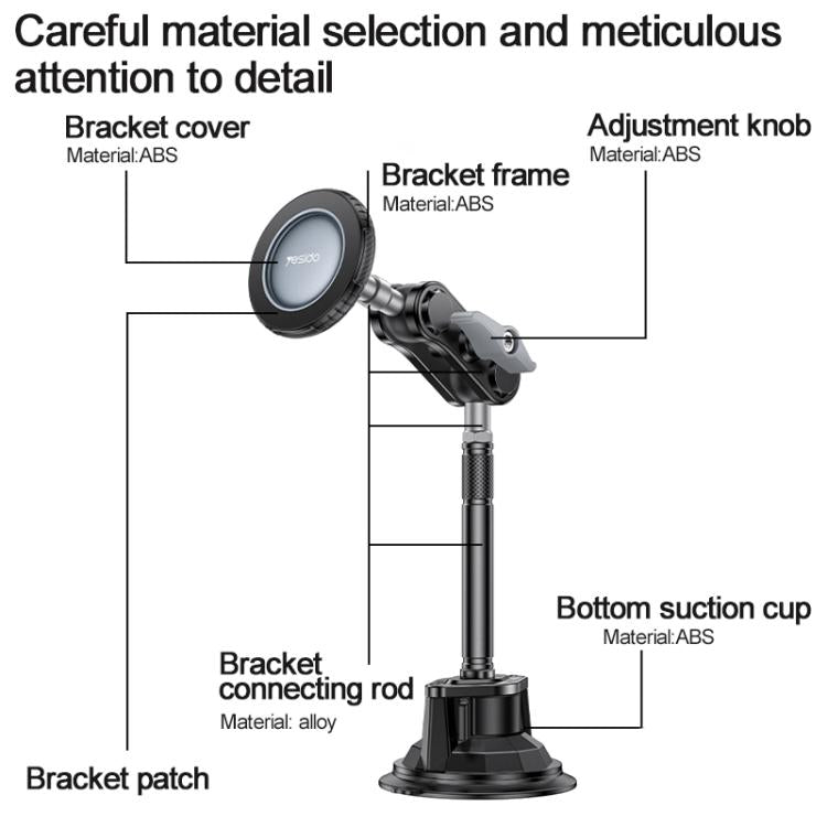 Car mount diagram showing adjustment knob, bracket frame, connecting rod, and suction cup base
