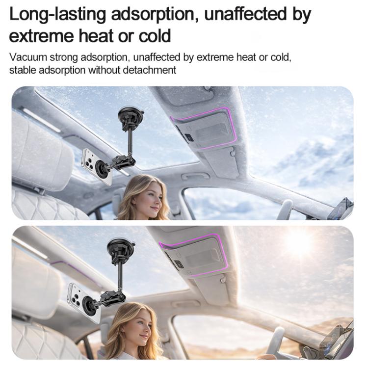 Car suction mount with clamp arm holding a phone on the long adjustable stem