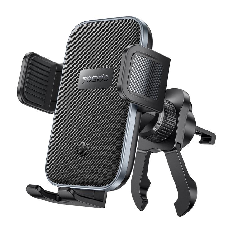 Wireless fast-charging phone holder with air-vent clip, black clamp arms and charging pad