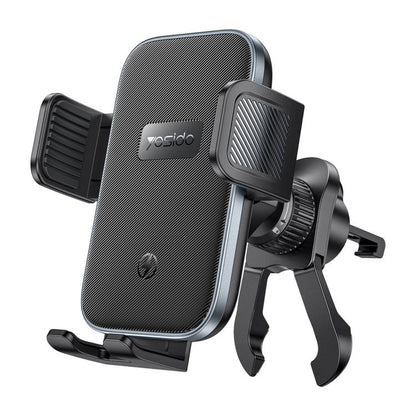 Wireless fast-charging phone holder with air-vent clip, black clamp arms and charging pad