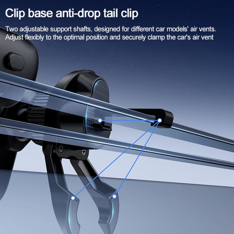 Wireless car vent mount phone holder with anti-drop tail clip and flexible clamp arms