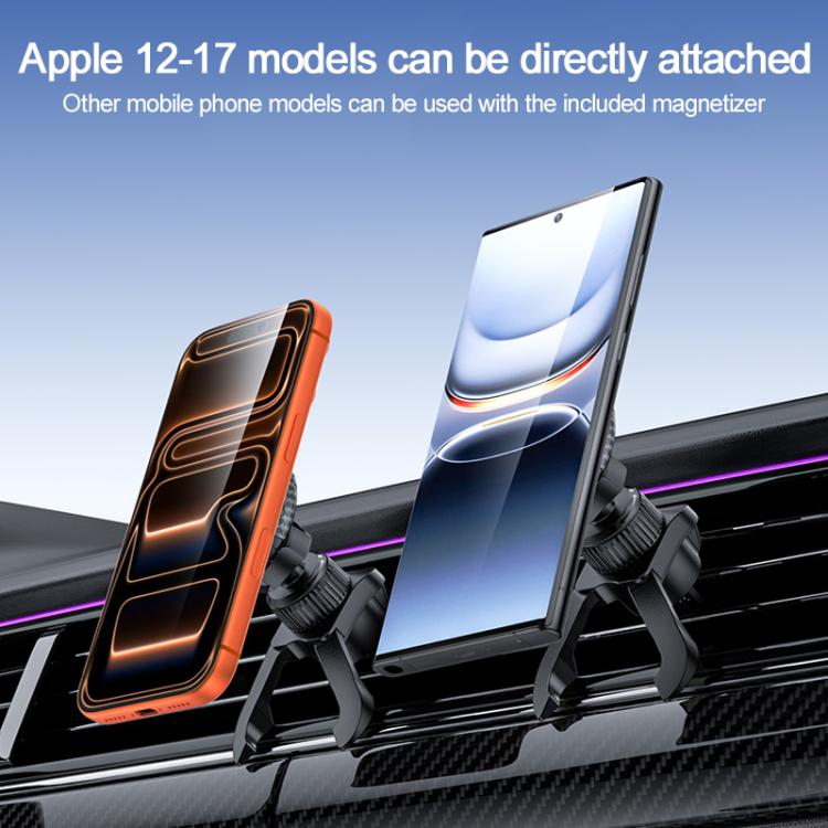Magnetic wireless car phone holder with phone mounted on car air vent
