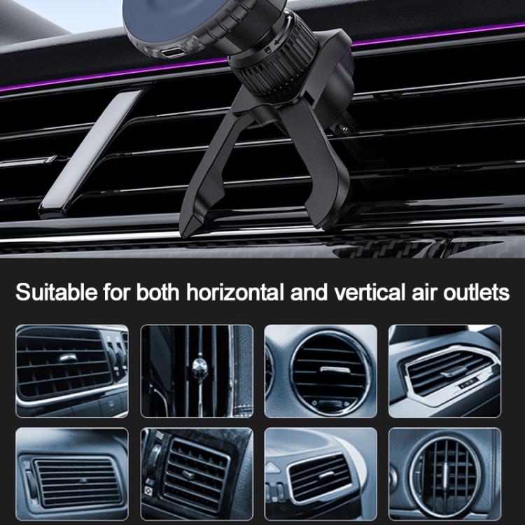 Car air vent wireless charging stand with adjustable legs and vent clamp base