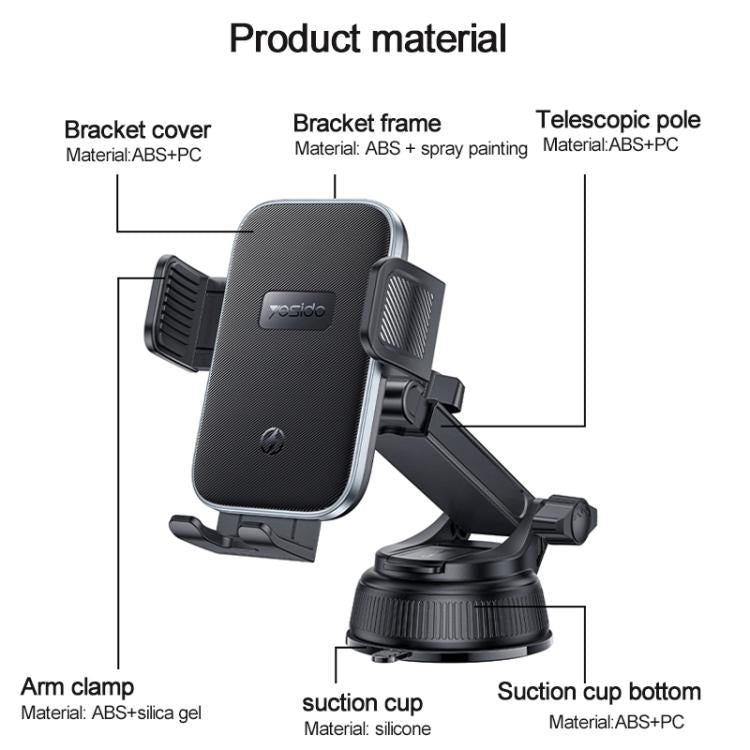 Car suction-cup phone mount with telescopic arm and adjustable bracket, black