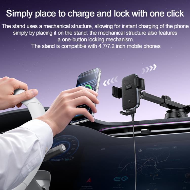 Car wireless charging holder with one-click phone clamp and suction base, black