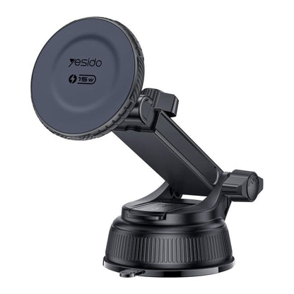 Magnetic wireless phone car charger holder with 15W charging puck and suction base