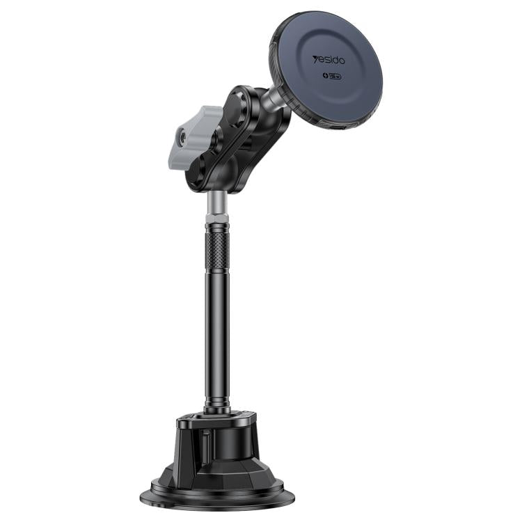 Car wireless phone charging holder with suction base, long arm, and magnetic disk mount