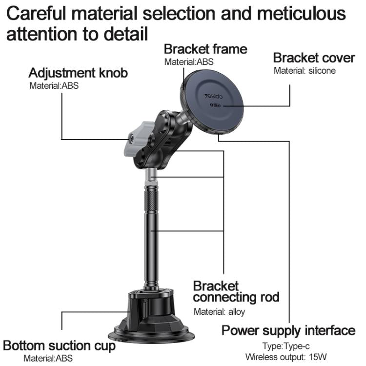 Car wireless charging mount with suction base, bracket rod, adjustment knob, and silicone cover