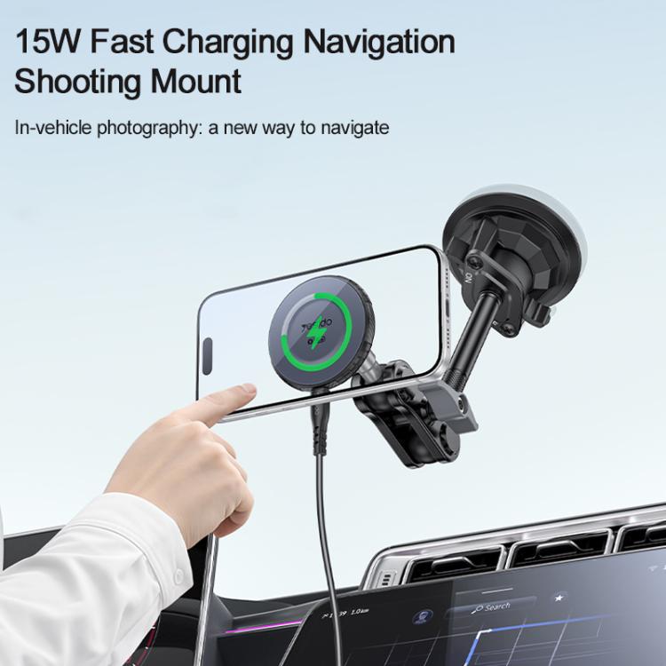 Car magnetic phone mount with suction base and long arm holding a smartphone