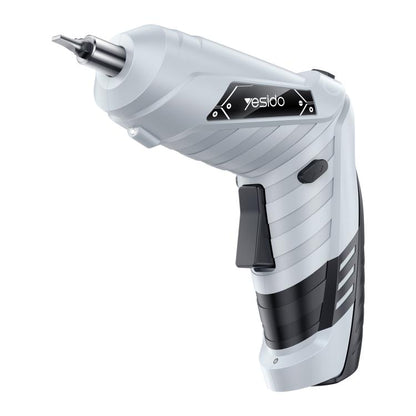White and black cordless electric screwdriver with bit and pistol-style handle