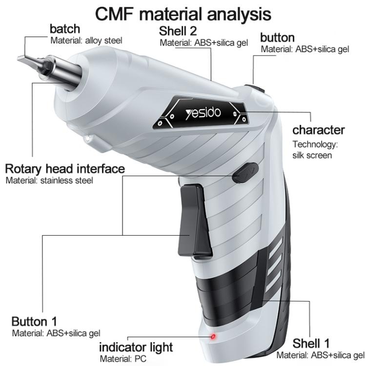 White and black cordless electric screwdriver with rotary head interface and control button