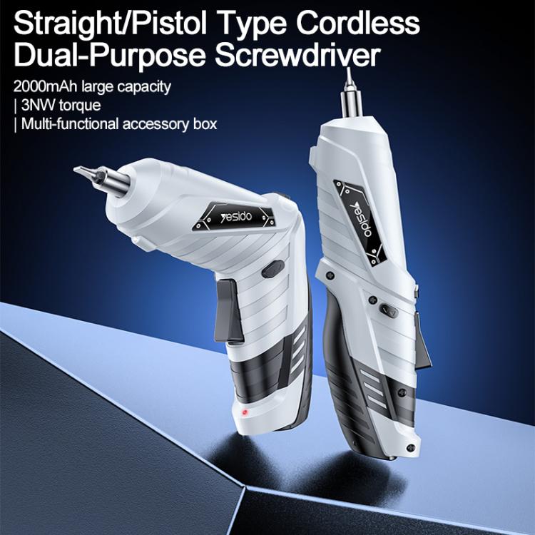 White cordless electric screwdriver shown in straight and gun-shaped configurations