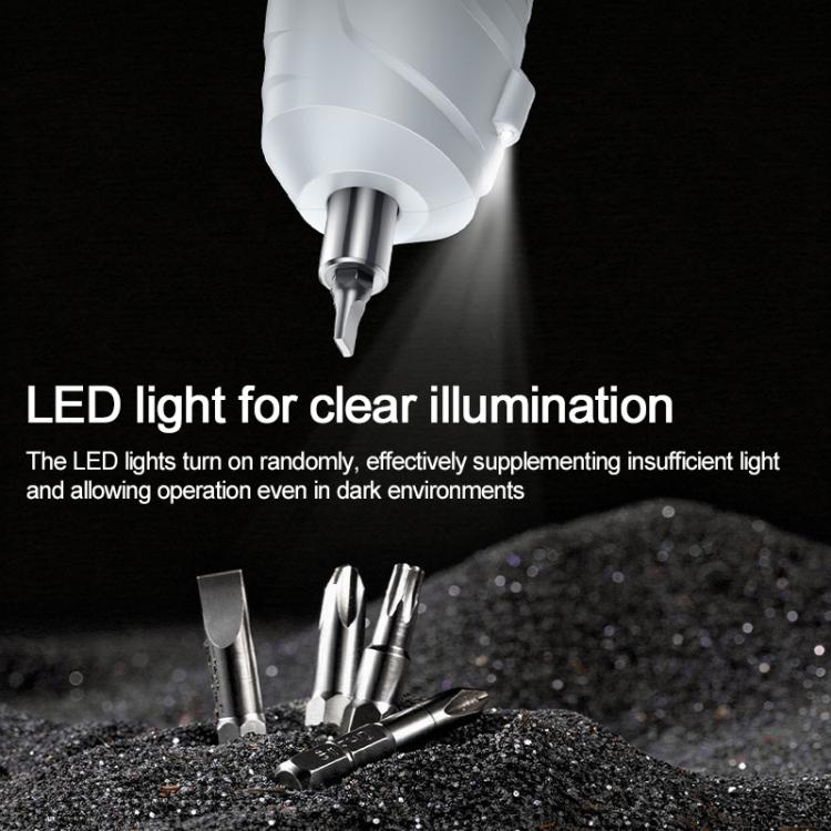 Cordless electric screwdriver with front LED light illuminating the bit
