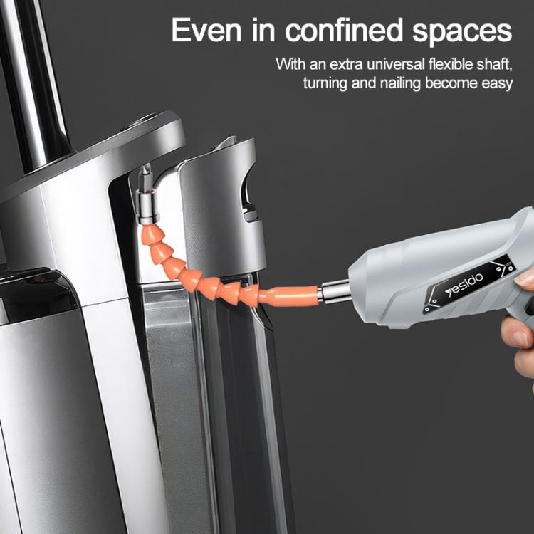 White cordless electric screwdriver with long extension for work in tight spaces