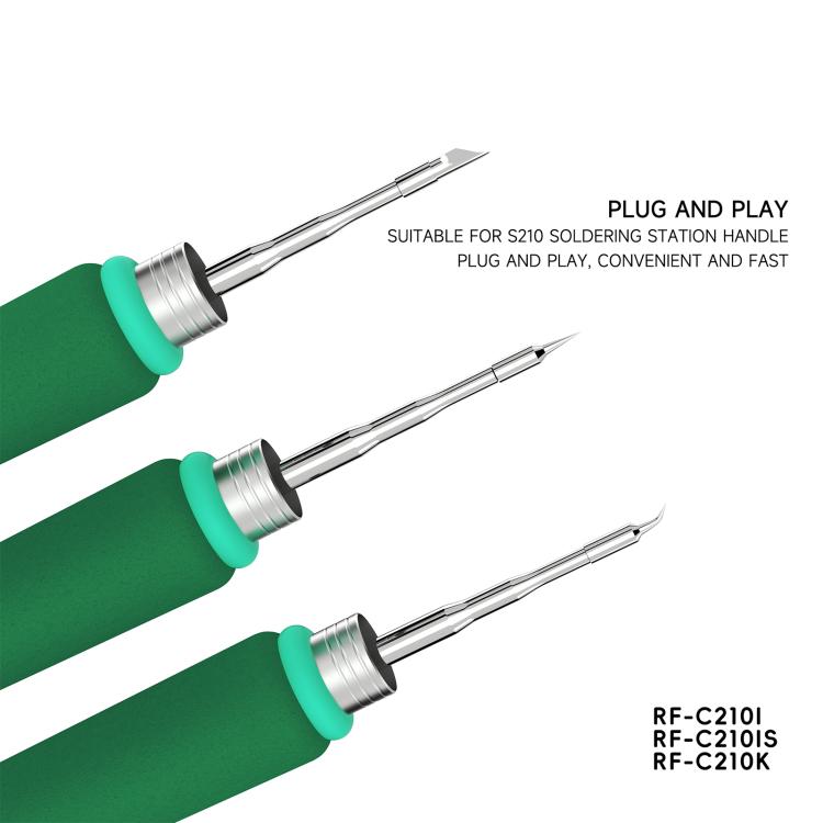 Soldering iron blade tips plugged into a green handle, silver metal tips