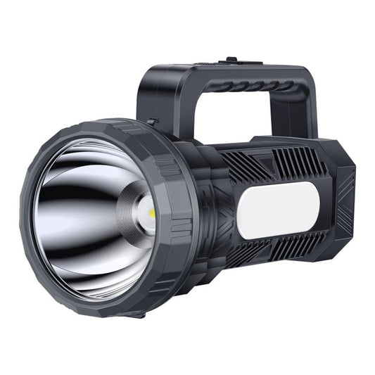 Rechargeable dual-lamp emergency flashlight with wide front spotlight and side light bar