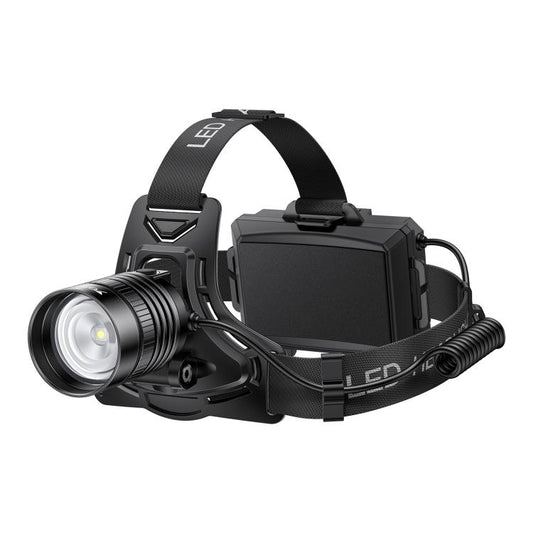 Black LED headlamp with zoomable front light and adjustable headband strap