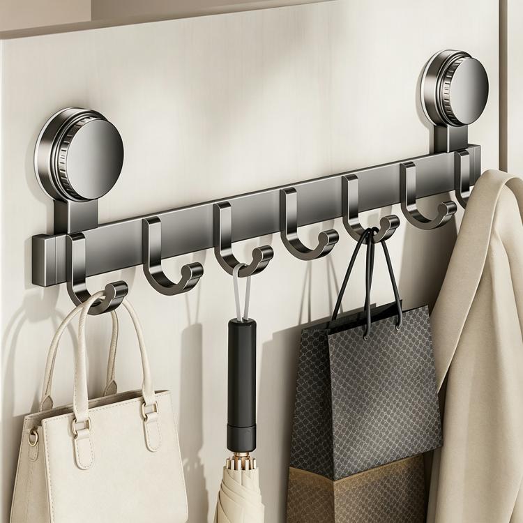 No-drill suction cup hook rack with brushed metal rail and hanging hooks for umbrella and bags