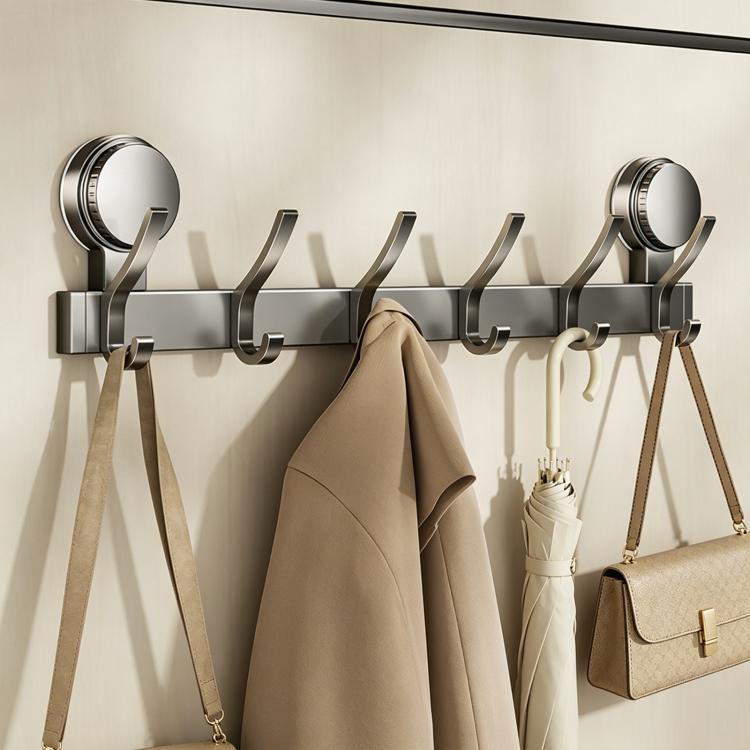 No-drill suction cup hook rack with brushed metal hooks and hanging umbrella and bag