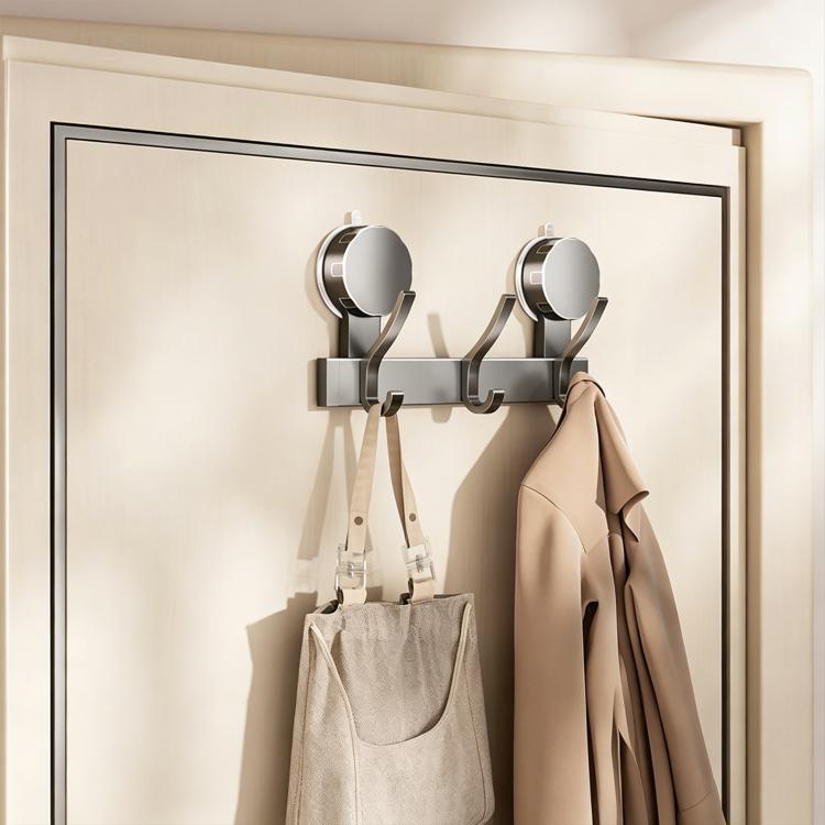 No-drill vacuum suction cup hook rack with chrome hooks and hanging coat and tote