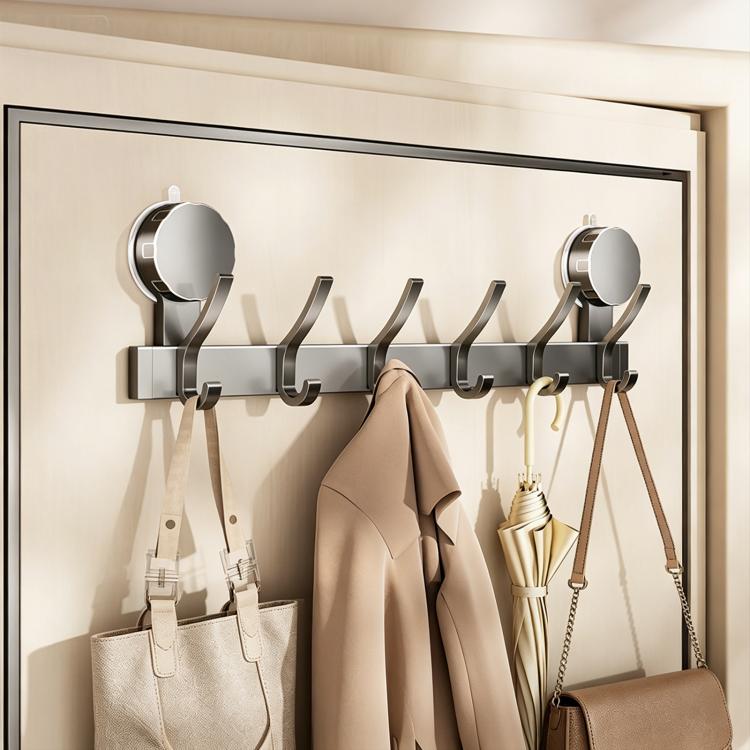 No-drill suction cup coat hook rack, single row with rounded hooks and side grips