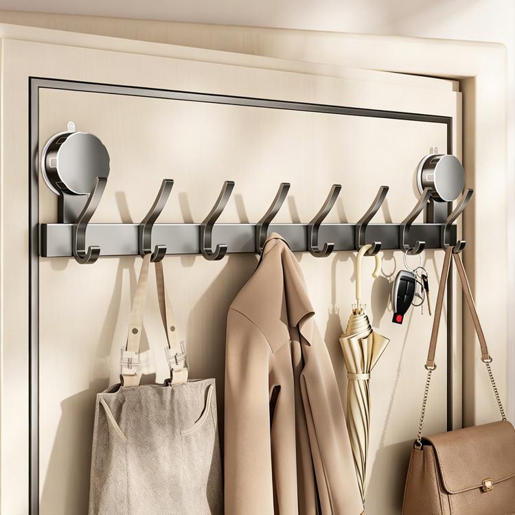 No-drill suction cup hook rack with metal mounting bar and curved coat hooks