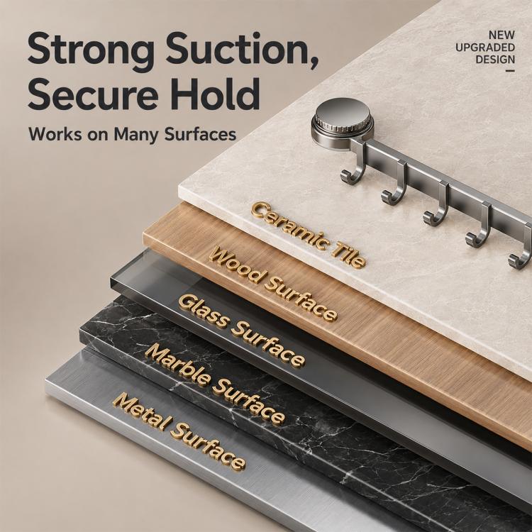 Suction cup hook rack with suction cups and hooks on wood, glass, marble, and metal surfaces