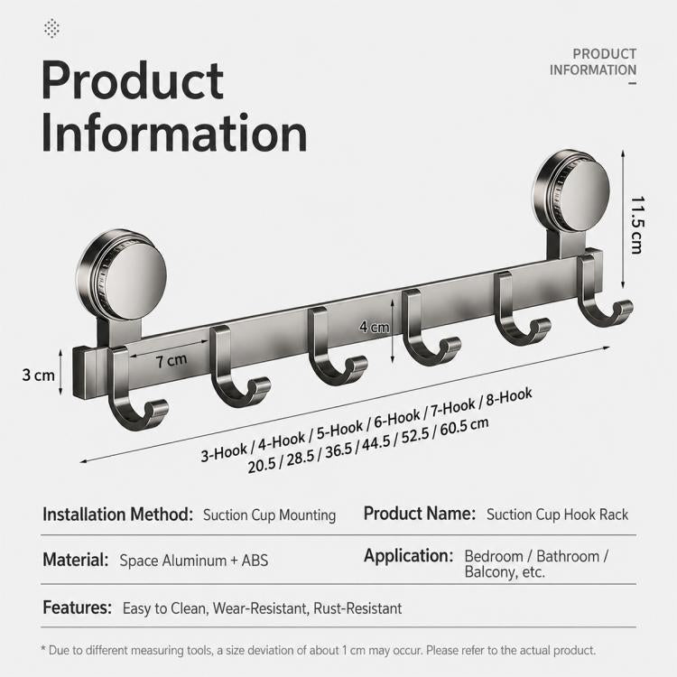 Suction cup hook rack with four hooks, labeled dimensions and suction cup mounting info
