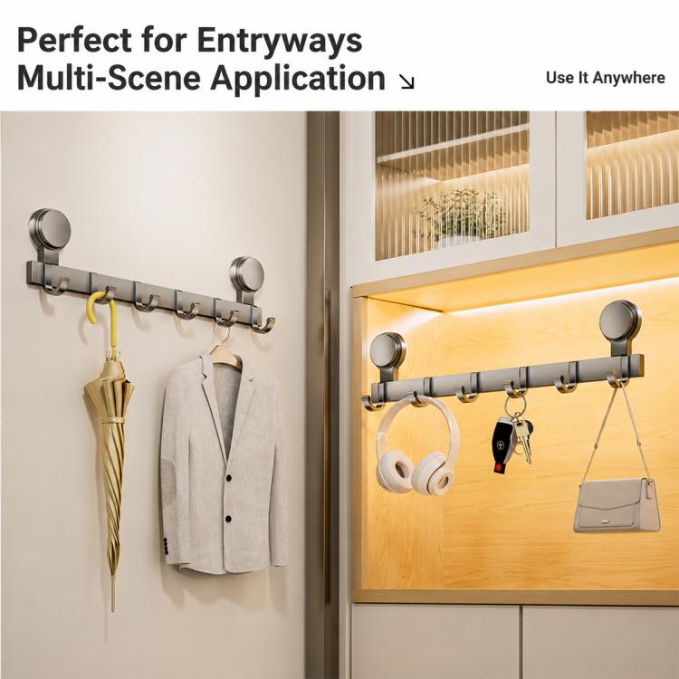 Suction cup hook rack with multiple hooks and round suction cups for entryway storage