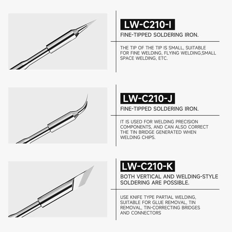 Lead-free soldering iron tip options shown with fine tip designs