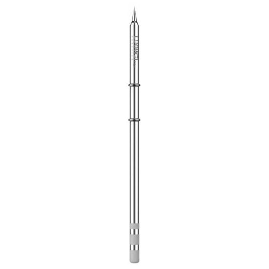 Soldering iron tip with slender metal barrel and pointed conical tip