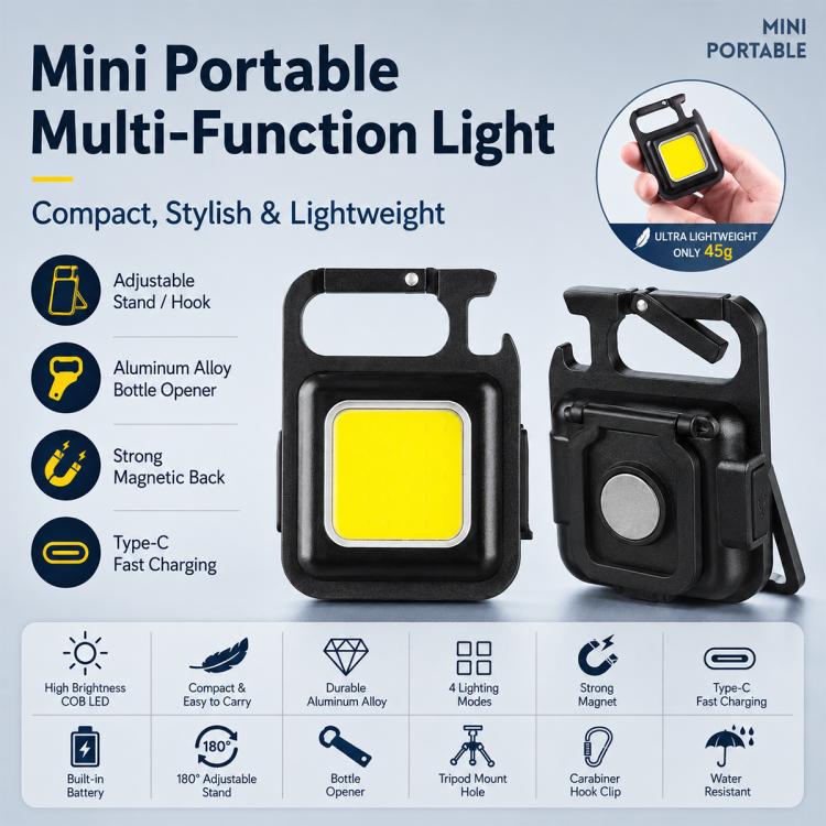 Black mini portable keychain multi-function light with yellow COB LED panel and handle