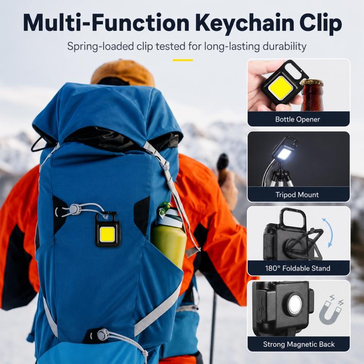 COB LED keychain clip flashlight with square glowing lens on a backpack