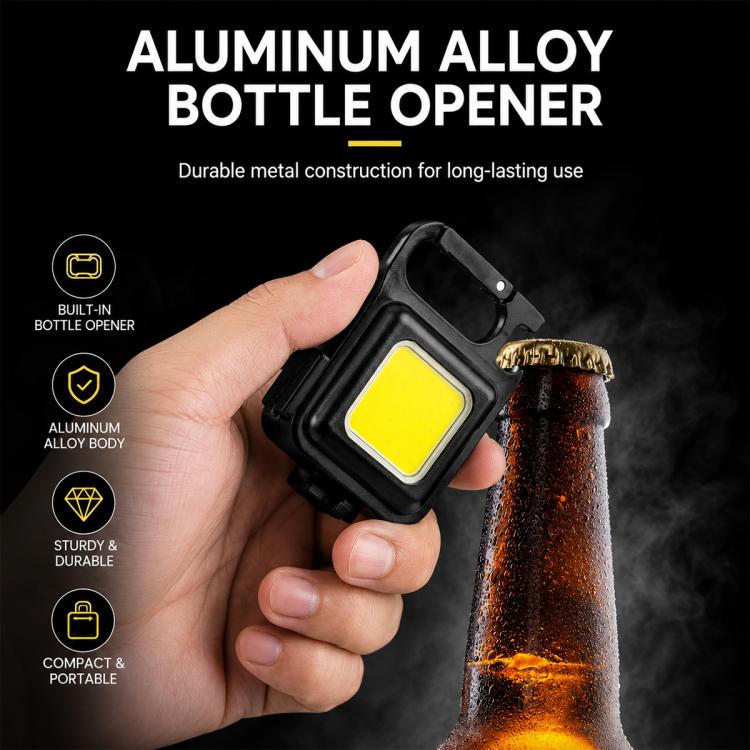 Black COB LED keychain flashlight with integrated bottle opener and glowing square light