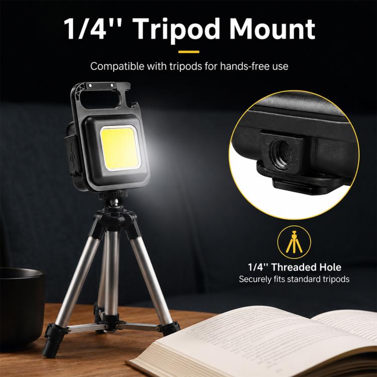 Black COB LED keychain flashlight with 1/4 tripod mount and glowing square light