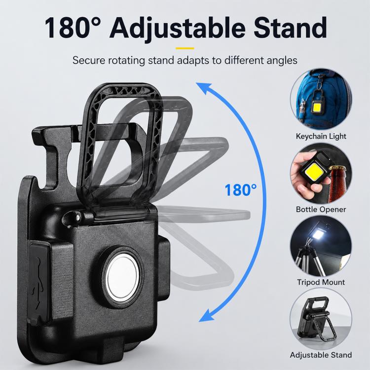 Black COB LED keychain flashlight with foldable 180° adjustable stand and glowing lens