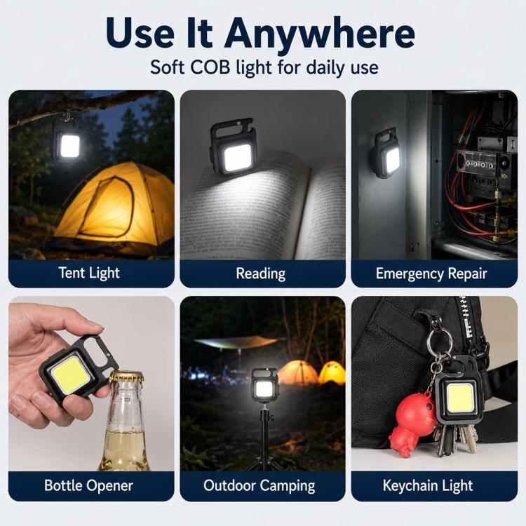 Black COB LED keychain flashlight with bright square light for portable use
