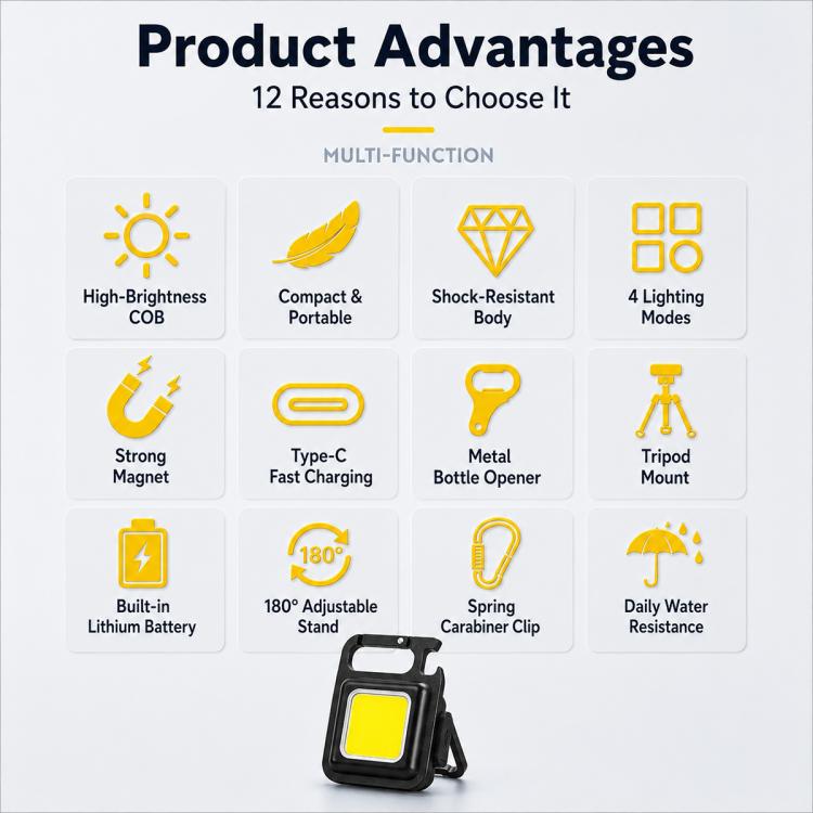 Black mini keychain LED light with yellow COB panel, small hook and foldable stand