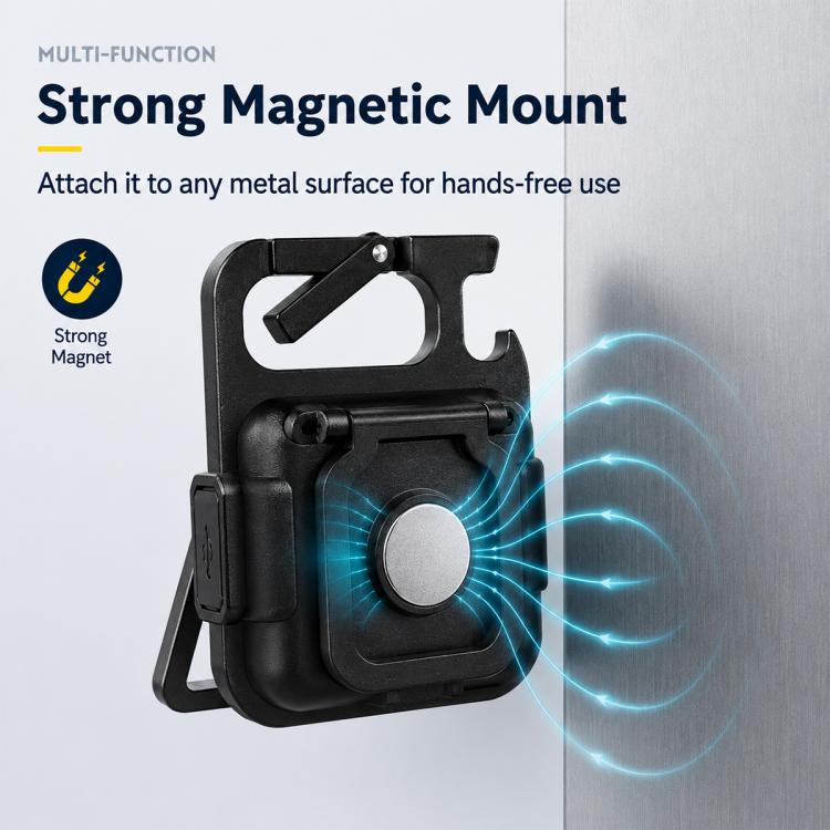 Black mini keychain LED light with round magnetic back and folding stand, yellow COB panel