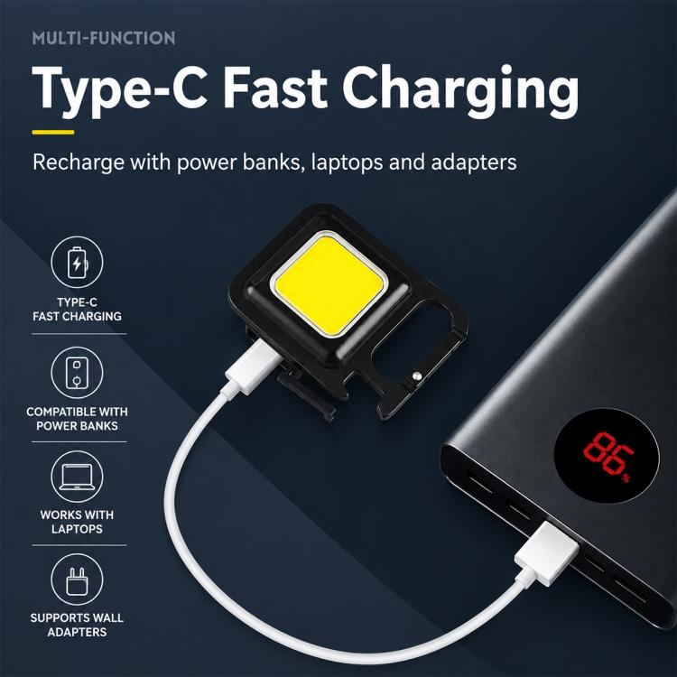 Black keychain COB LED flashlight with Type-C charging cable and charging indicator