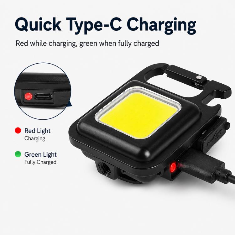 Black rechargeable COB LED keychain flashlight with glowing square lens and charging LEDs