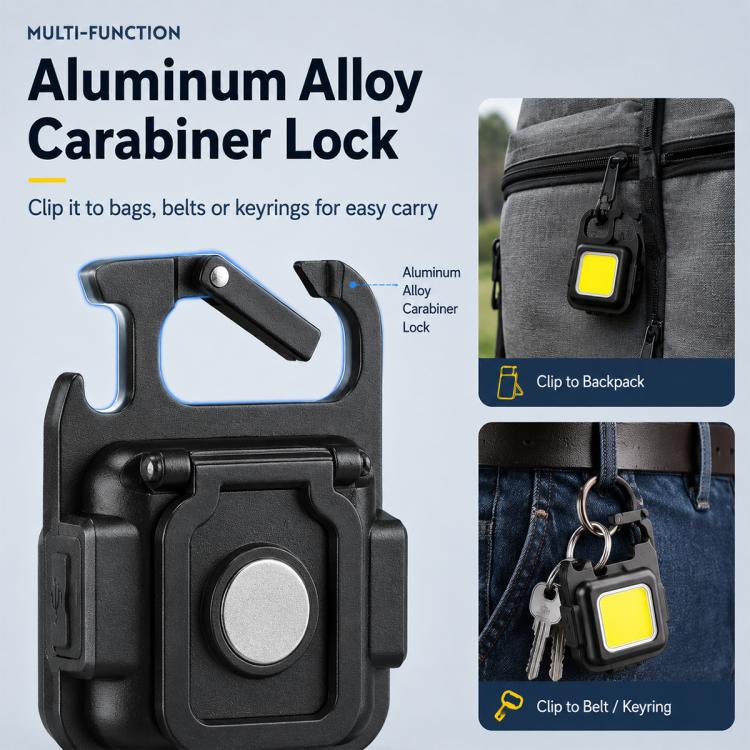 Black COB LED keychain flashlight with aluminum carabiner clip for bags or belts
