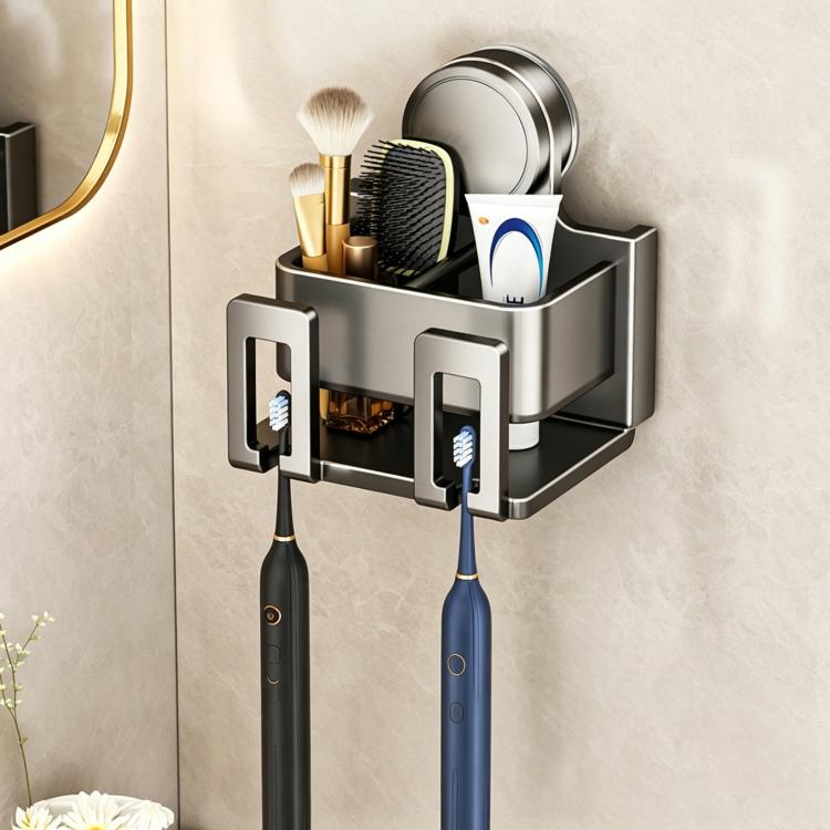 Stainless steel suction cup toothbrush holder with two toothbrush slots