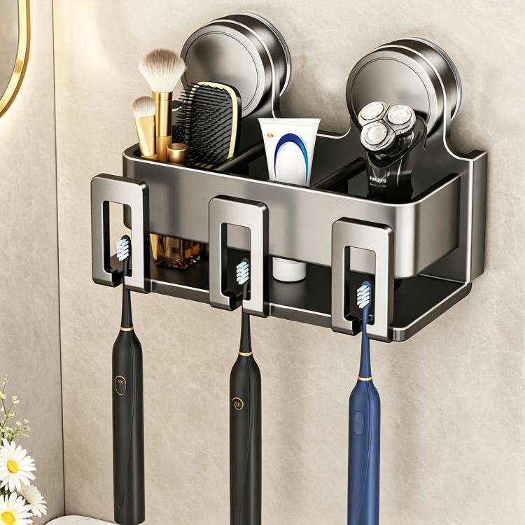 Stainless steel suction cup toothbrush holder with three toothbrush slots