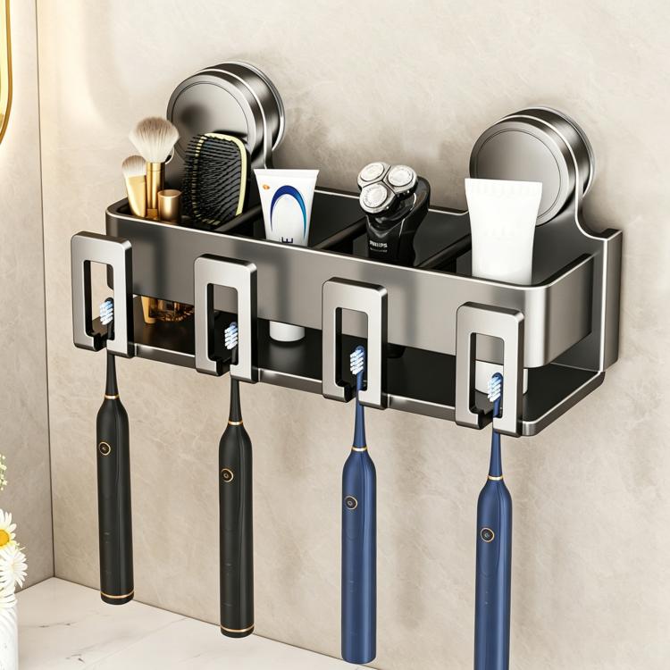 Stainless steel suction cup toothbrush holder with four toothbrush slots