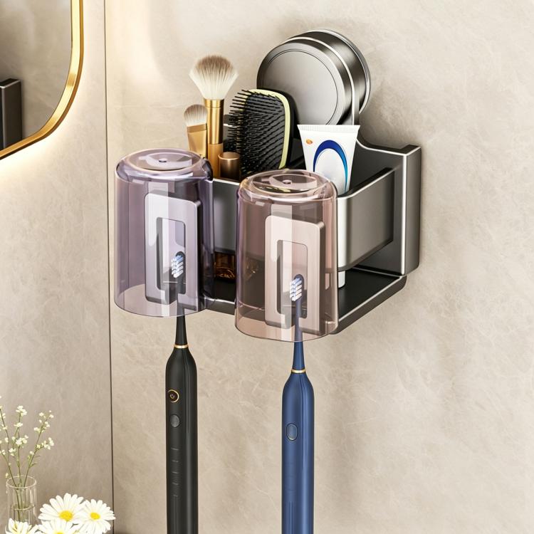 Stainless steel suction cup toothbrush holder with two toothbrush slots and cup holders